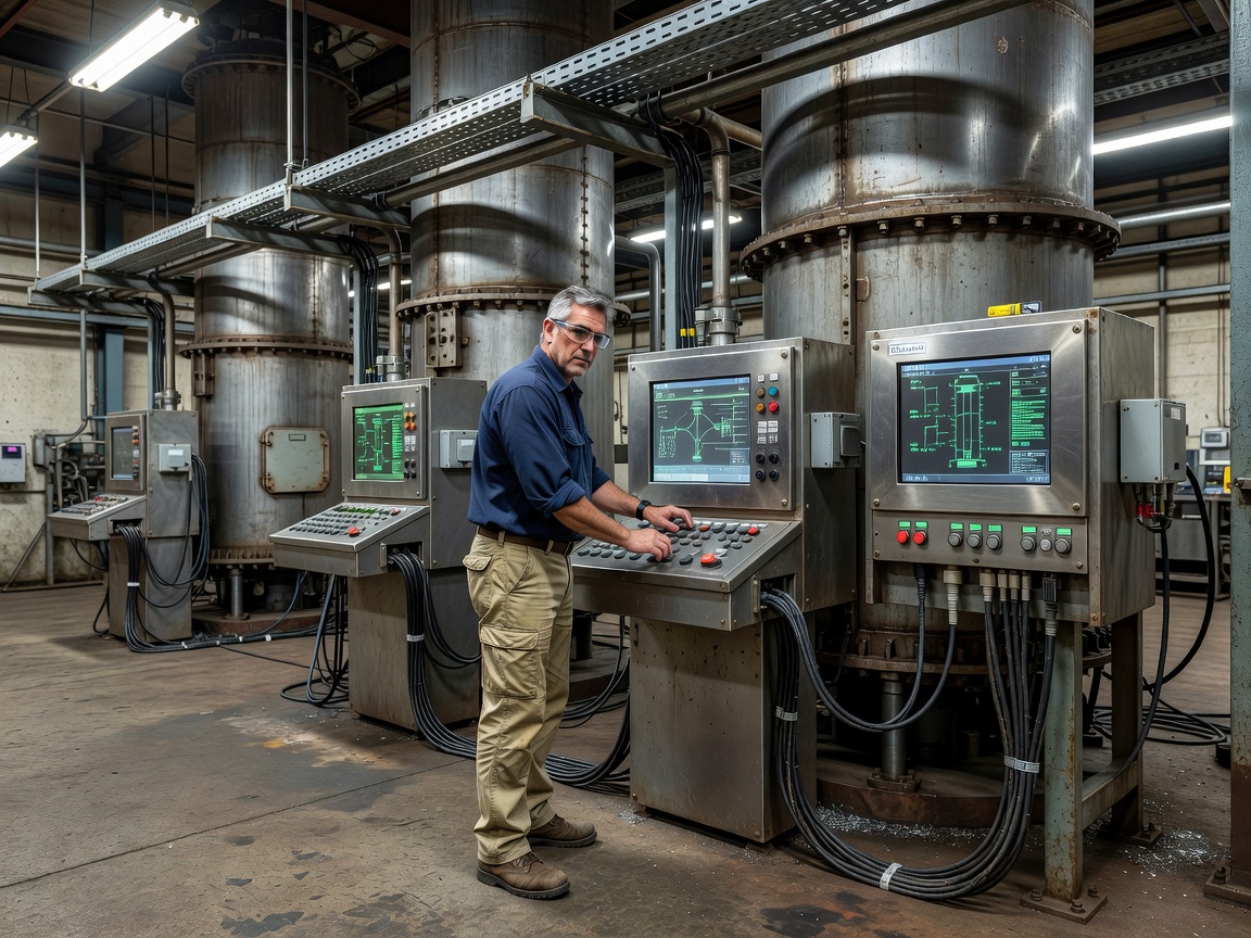 Industrial engineer configuring software terminals connected to pneumatic depot elevators