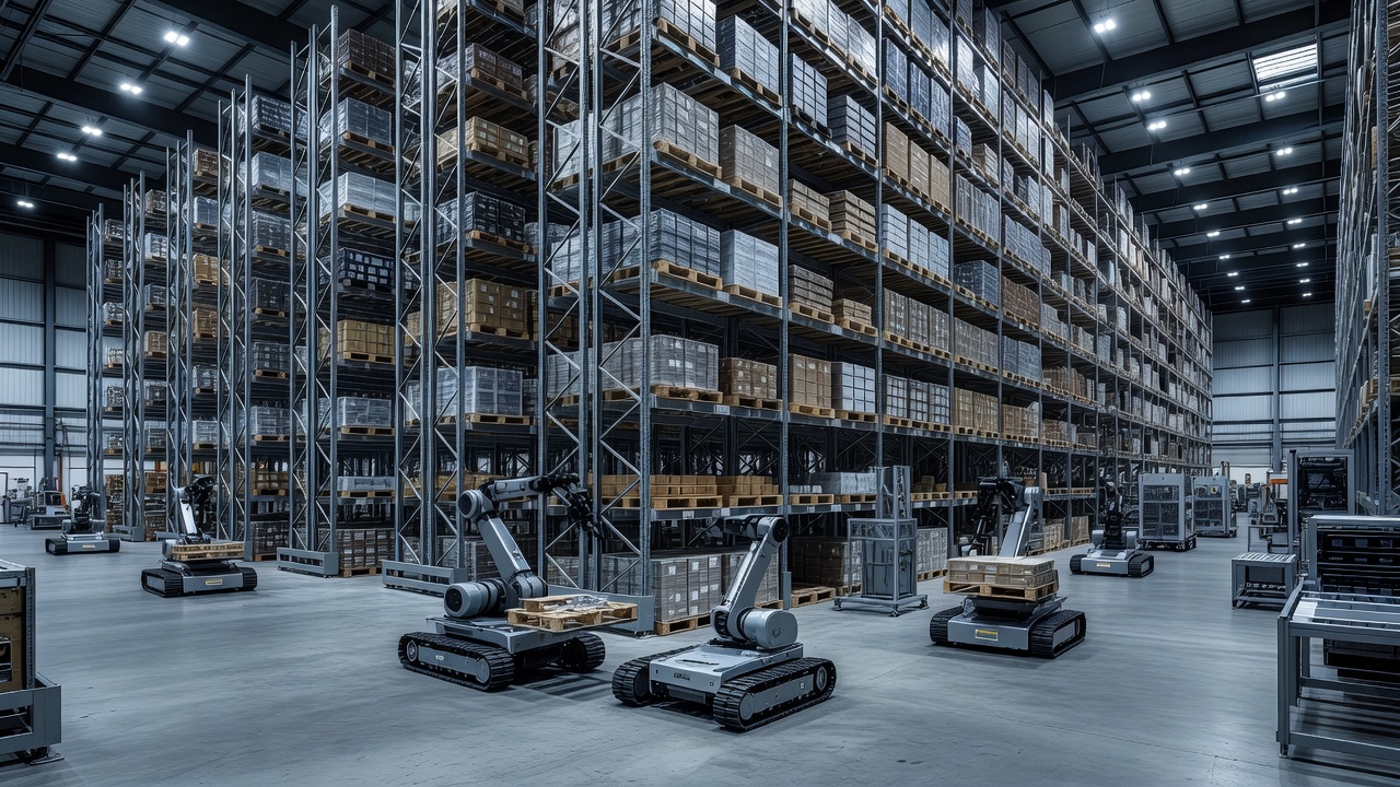 Overview of high-density warehouse automation floor displaying robotic loaders and vertical racks
