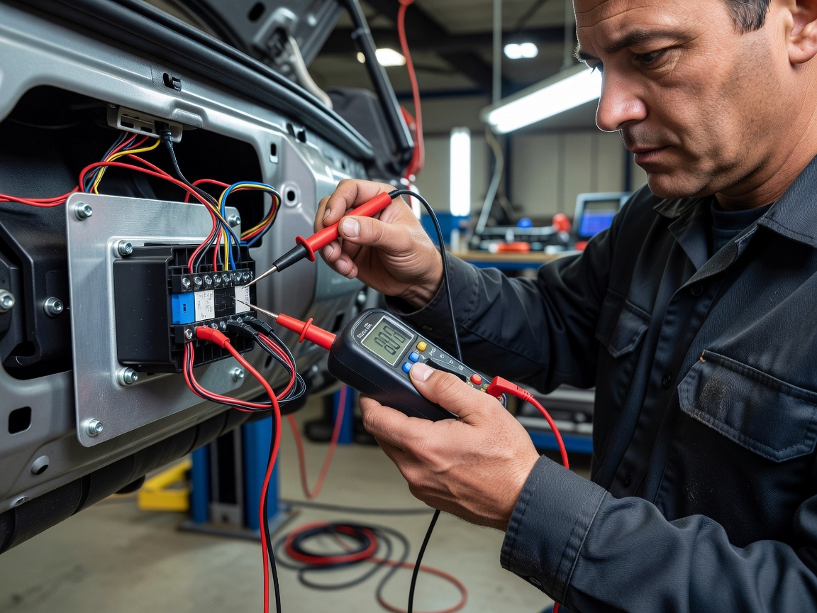 Technician measuring electrical voltage of vehicle telemetry terminal